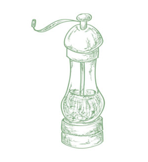 Eine Pfeffermühle mit einer Kurbel zum Mahlen.