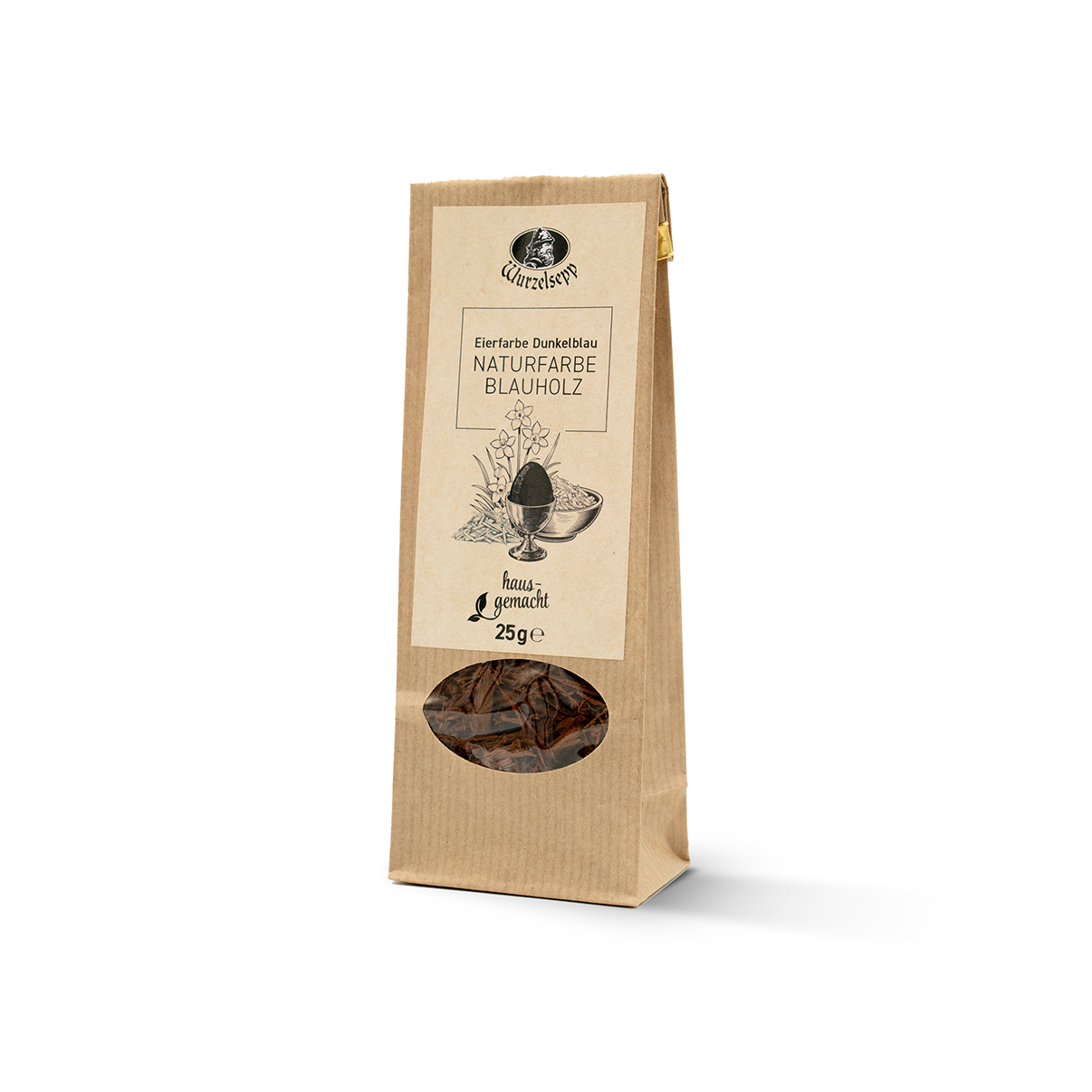 Packung „Wurzelsepp Eierfarbe Dunkelblau – Naturfarbe Blauholz“ (25 g) im beigen Kraftpapierbeutel mit schwarz-weißer Illustration aus Osterblumen und Ei; zusätzlich ein transparentes ovales Fenster, durch das die Blauholz-Farbe sichtbar ist.