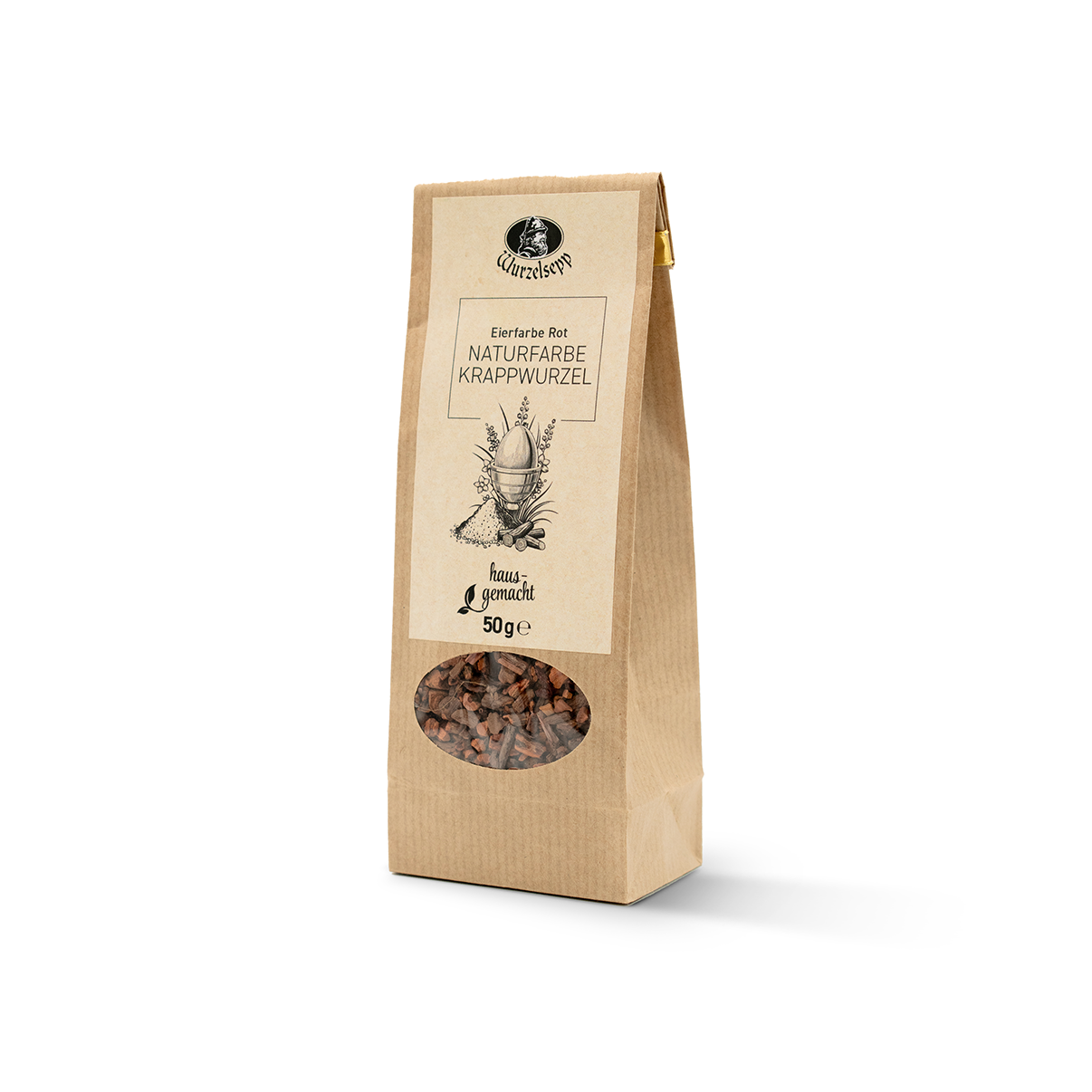 Packung „Wurzelsepp Eierfarbe Dunkelrot – Naturfarbe Krappwurzel“ im beigen Kraftpapierbeutel mit schwarz-weißer Illustration von Osterblumen und einem Ei; ein transparentes ovales Fenster zeigt das Krappwurzel-Färbemittel.