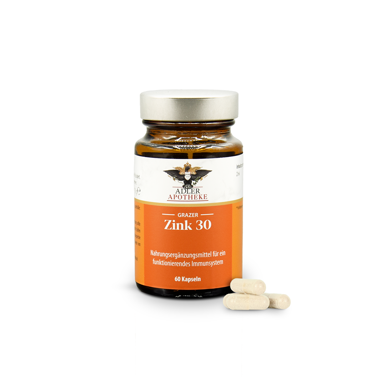 Grazer-Zink30-Kapseln-bei-Entzuendungen Grazer Zink 30 Kapseln in einer dunkelbraunen Glasverpackung. Im Vordergrund liegen 4 weiße Kapseln zur Ansicht.