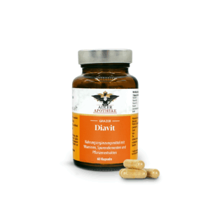 Ein dunkelbraunes Glas mit silbernen Schraubverschluss und orangen Etikett der Grazer Diavit Kapseln. Im Vordergrund liegen 4 gelbe Kapseln zur Ansicht.