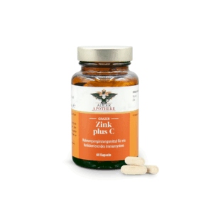 Ein dunkelbraunes Glas mit silbernen Schraubverschluss und orangen Etikett der Grazer Zink Plus C Kapseln.