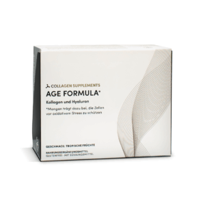 Eine weiße Kartonschachtel zum aufklappen mit goldener Schrift der Age Formula Nahrungsergänzung Kollagen und Hyaluron.