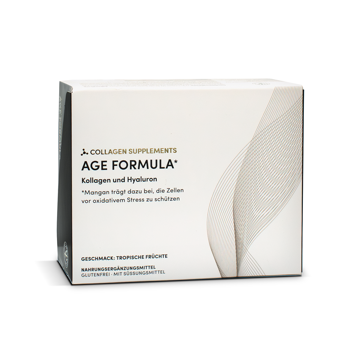 Eine weiße Kartonschachtel zum aufklappen mit goldener Schrift der Age Formula Nahrungsergänzung Kollagen und Hyaluron.