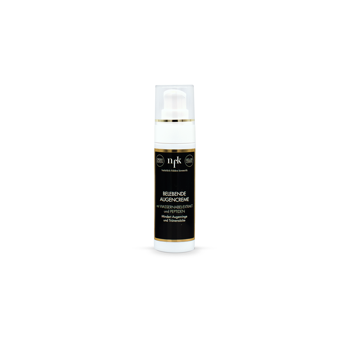Weiße Tube (25 ml) mit goldfarbenen Akzenten, schwarzem Etikett mit Aufschrift „NFK Belebende Augencreme“, als Augencreme-Produkt auf weißem Hintergrund