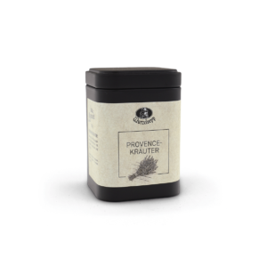 Eine schwarze Eckige Gewürzdose mit schwarzen abnehmbaren Deckel. Das Etikett ist beige mit der Aufschrift Wurzelsepp Provence Kräuter darunter ist ein Büschel mit Kräutern abgebildet.