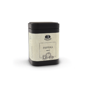 Eine schwarze Eckige Gewürzdose mit schwarzen abnehmbaren Deckel. Das Etikett ist beige mit der Aufschrift Wurzelsepp Paprika edelsüß.