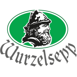 Ein Bild mit grau kariertem Hintergrund. Im Vordergrund ein grüner ovaler Kreis mit einem alten Mann mit Bart und Hut. Logo Wurzelsepp.