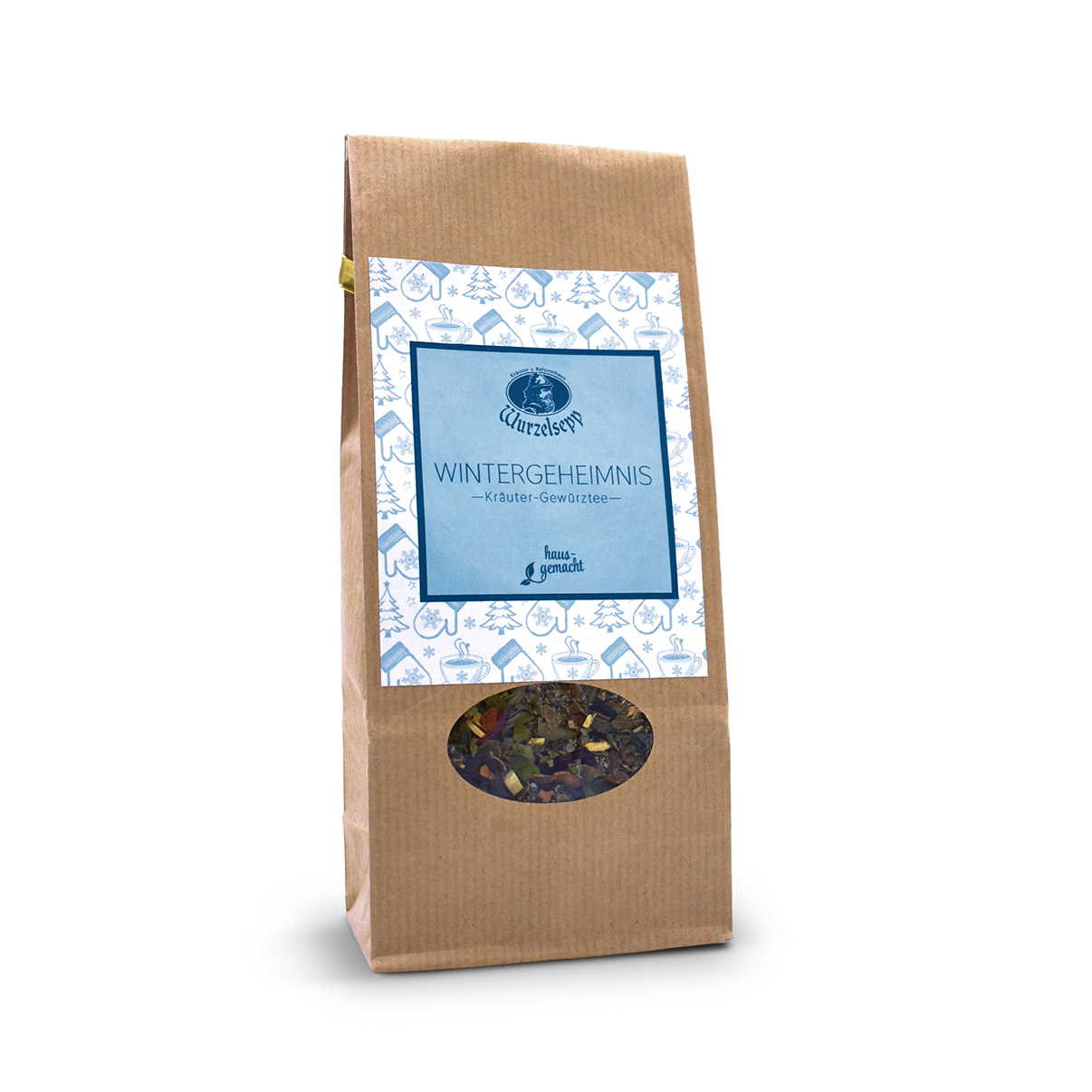 Braune Teeverpackung mit einem hellblauen Etikett auf dem Wintermotive abgebildet sind.