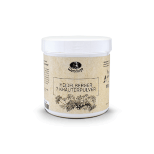 Es ist eine weiße Dose, auf dem Etikett steht „Heidelberger 7-Kräuterpulver“ und „Wurzelsepp“.