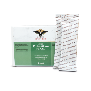Weiß-grüne Verpackung des „Grazer Probiotikum 10 AAD“ der Adler Apotheke mit zwei abgebildeten Sachets. Das Produkt enthält 10 aktive Bakterienkulturen zur Unterstützung der Darmflora während einer Antibiotika-Therapie
