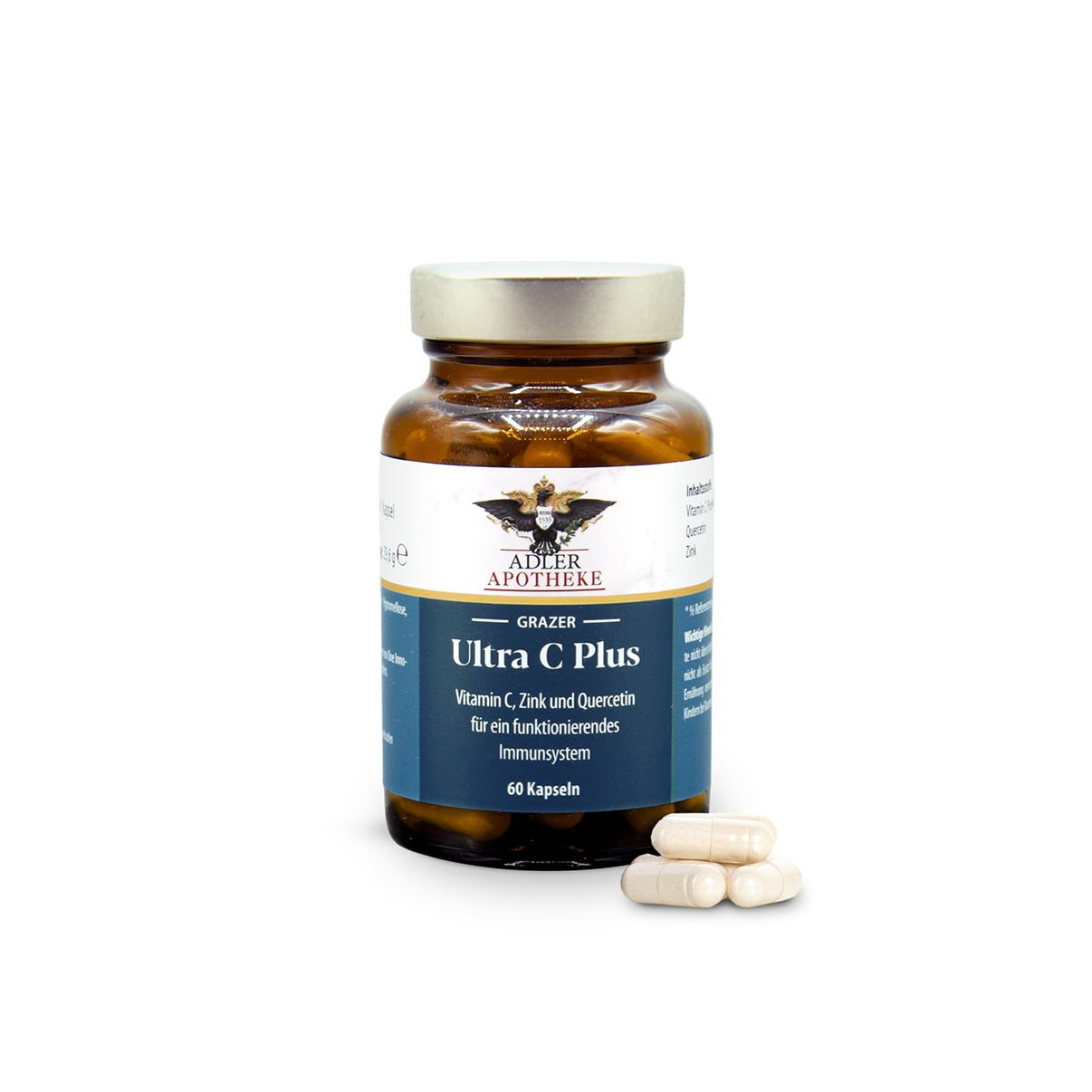 Braunes Glasfläschchen mit silbernem Schraubdeckel und blau-weißem Etikett „Adler Apotheke Grazer Ultra C Plus“; Produkt enthält 60 Kapseln (Vitamin C, Zink, Quercetin) — neben der Flasche liegen drei weiße Kapseln.
