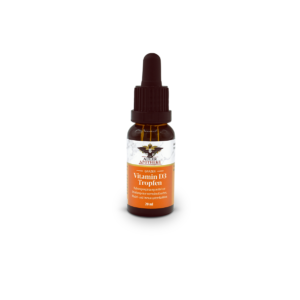 Braune Glasflasche (20 ml) mit Tropfverschluss: Adler Apotheke Grazer Vitamin D3 Tropfen, weiß-orange Etikett mit Adler-Logo und Produktbezeichnung.