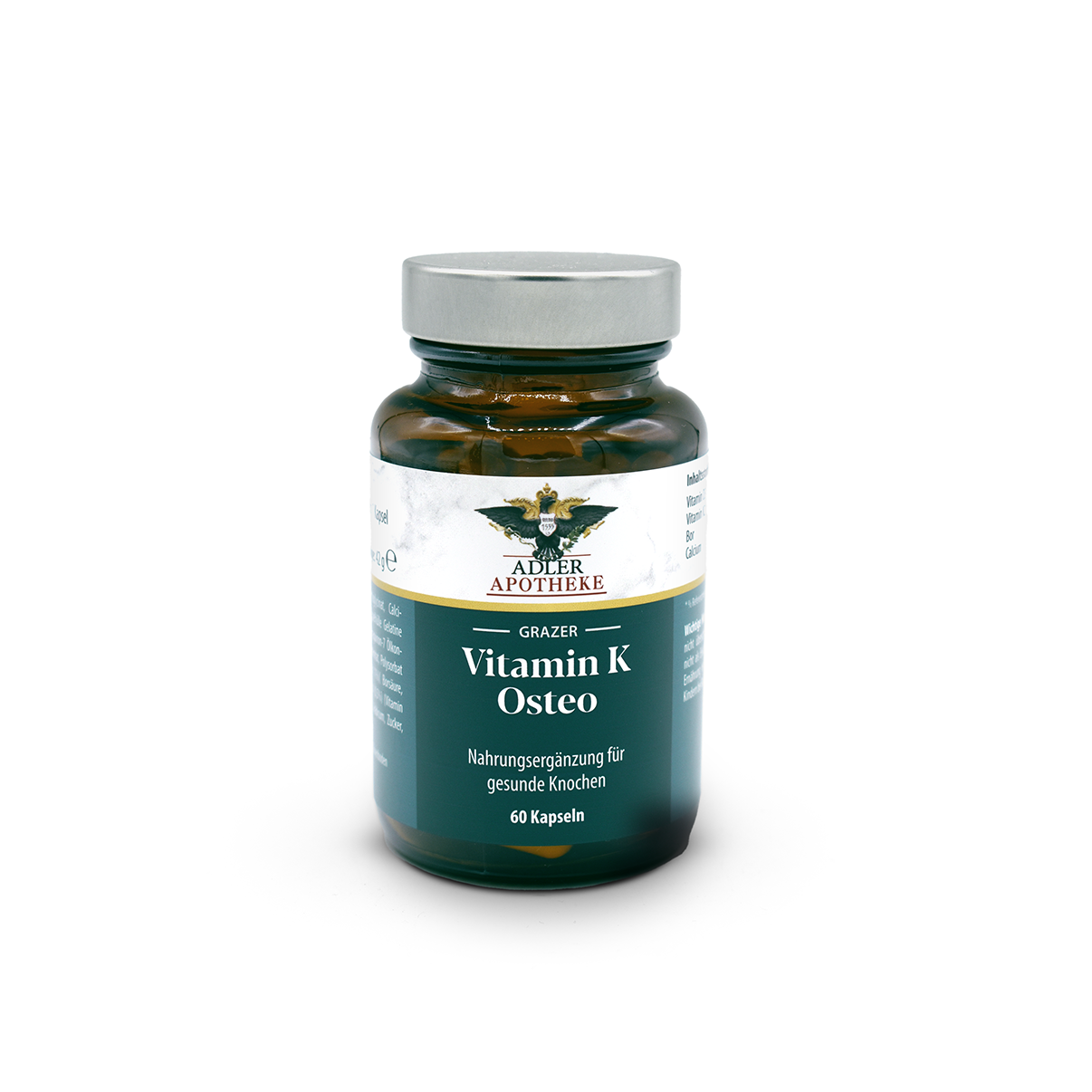 Braune Glasflasche mit silbernem Schraubdeckel und blau-weißem Etikett „Grazer Vitamin K Osteo Kapseln“; Packung mit 60 Kapseln.
