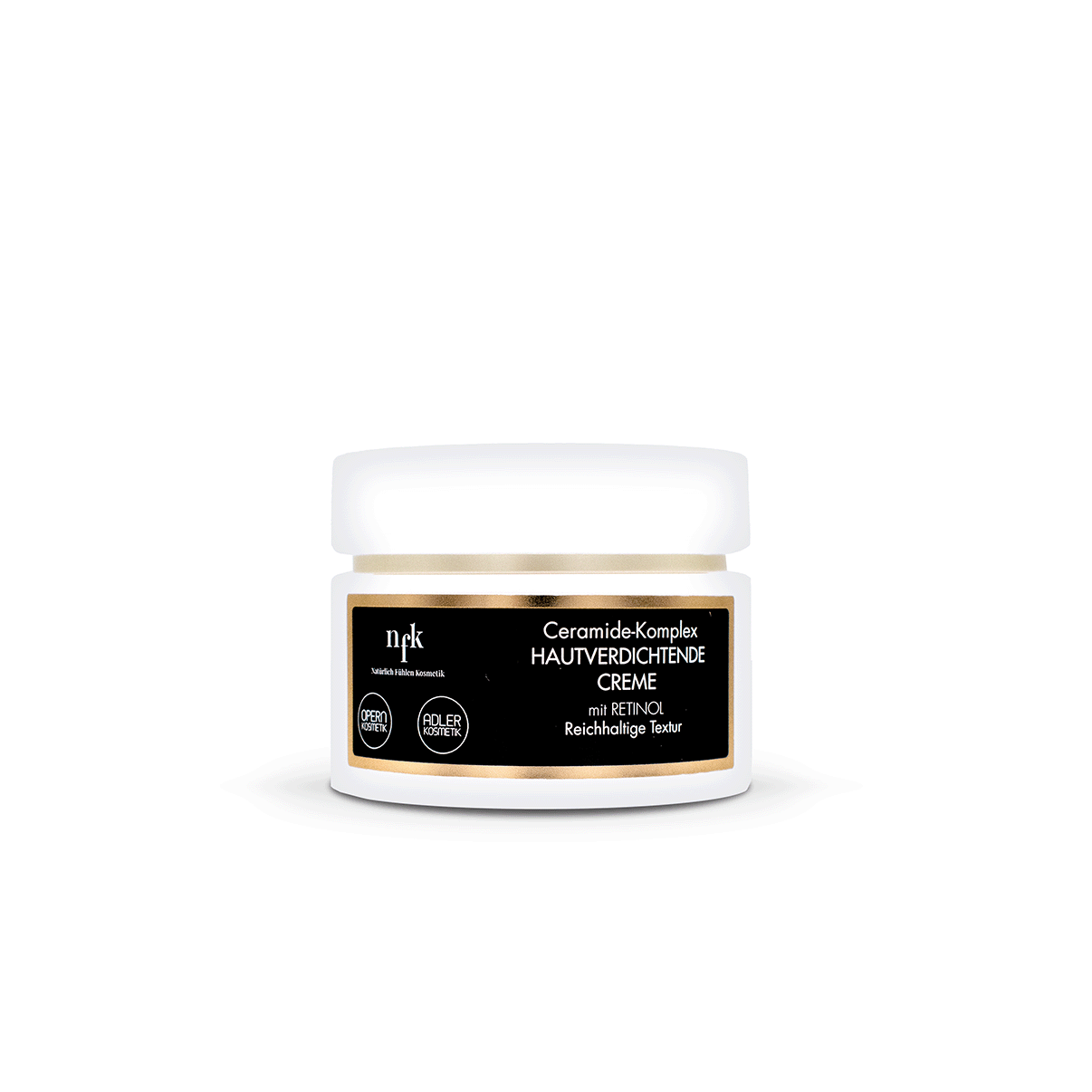 NFK Ceramide Hautverdichtende Creme mit reichhaltiger Textur in einer Cremedose (50 ml) mit weißem Deckel und schwarzem Etikett vor weißem Hintergrund.
