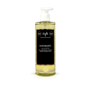 NFK Duschbadeöl mit Allantoin in einer transparenten Flasche (300 ml), mit goldfarbenem, gelblich-grünem Öl, weißem Pumpspender und schwarzem Etikett, vor weißem Hintergrund.
