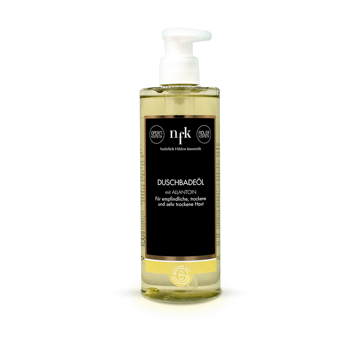 NFK Duschbadeöl mit Allantoin in einer transparenten Flasche (300 ml), mit goldfarbenem, gelblich-grünem Öl, weißem Pumpspender und schwarzem Etikett, vor weißem Hintergrund.