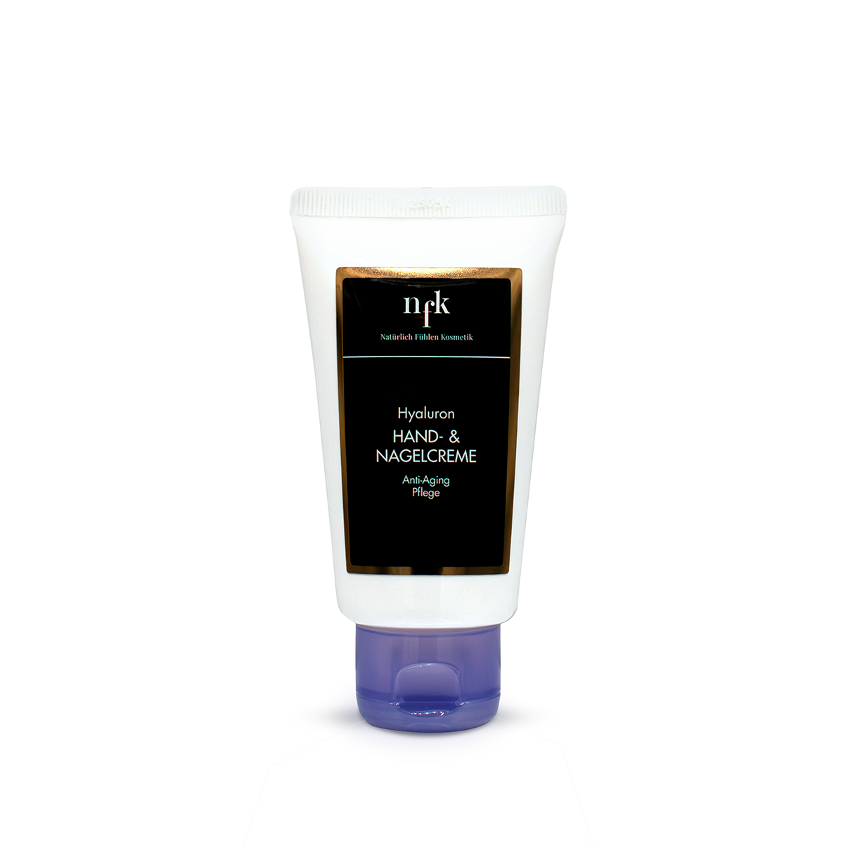 NFK Kosmetik Hand- und Nackencreme mit Hyaluron in einer weißen Tube (75 ml) mit lila Unterteil und schwarzem Etikett, Produktfoto vor weißem Hintergrund.