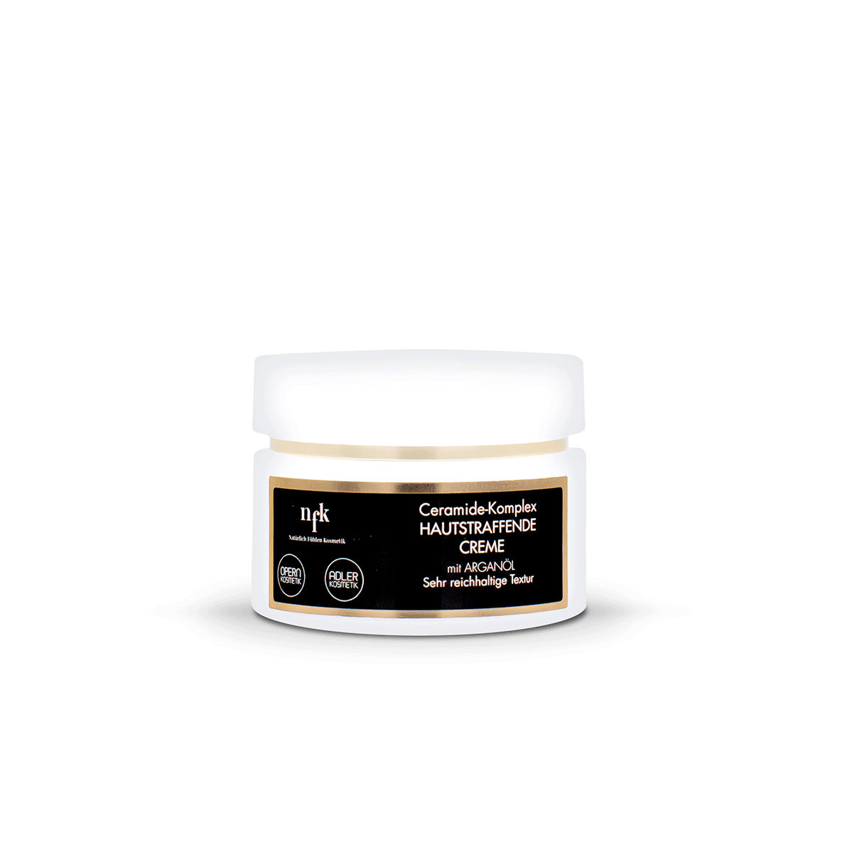 NFK Hautstraffende Creme mit Ceramide-Komplex in einer Cremedose (50 ml), mit weißem Deckel und schwarzem Etikett vor weißem Hintergrund.