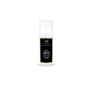 NFK Klärendes Creme-Gel mit Klette in einer weißen Flasche (50 ml), mit weißem Pumpspender und goldenem Etikett, vor weißem Hintergrund.
