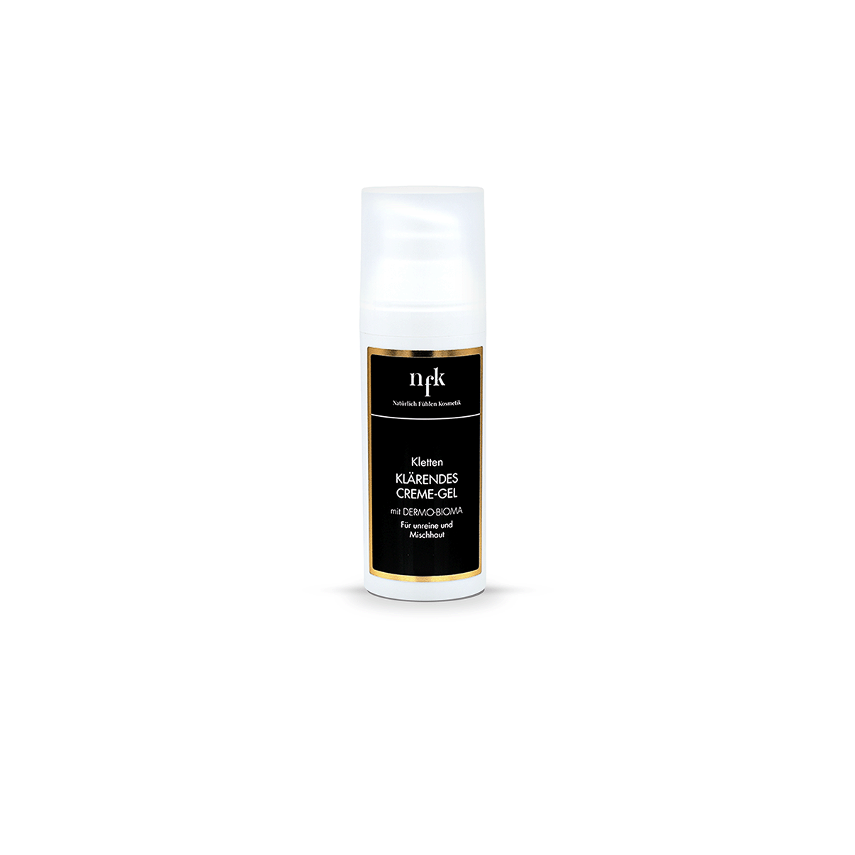 NFK Klärendes Creme-Gel mit Klette in einer weißen Flasche (50 ml), mit weißem Pumpspender und goldenem Etikett, vor weißem Hintergrund.