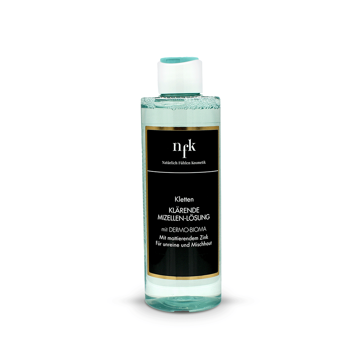 NFK Kletten Klärendes Mizellen Tonikum in einer transparenten Flasche (200 ml), mit türkisfarbener Flüssigkeit, schwarzem Etikett, vor weißem Hintergrund.