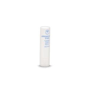 NFK Lippenschutz-Stick in einer zylindrischen weißen Verpackung mit blauem Emblem und weißem Deckel, vor weißem Hintergrund.