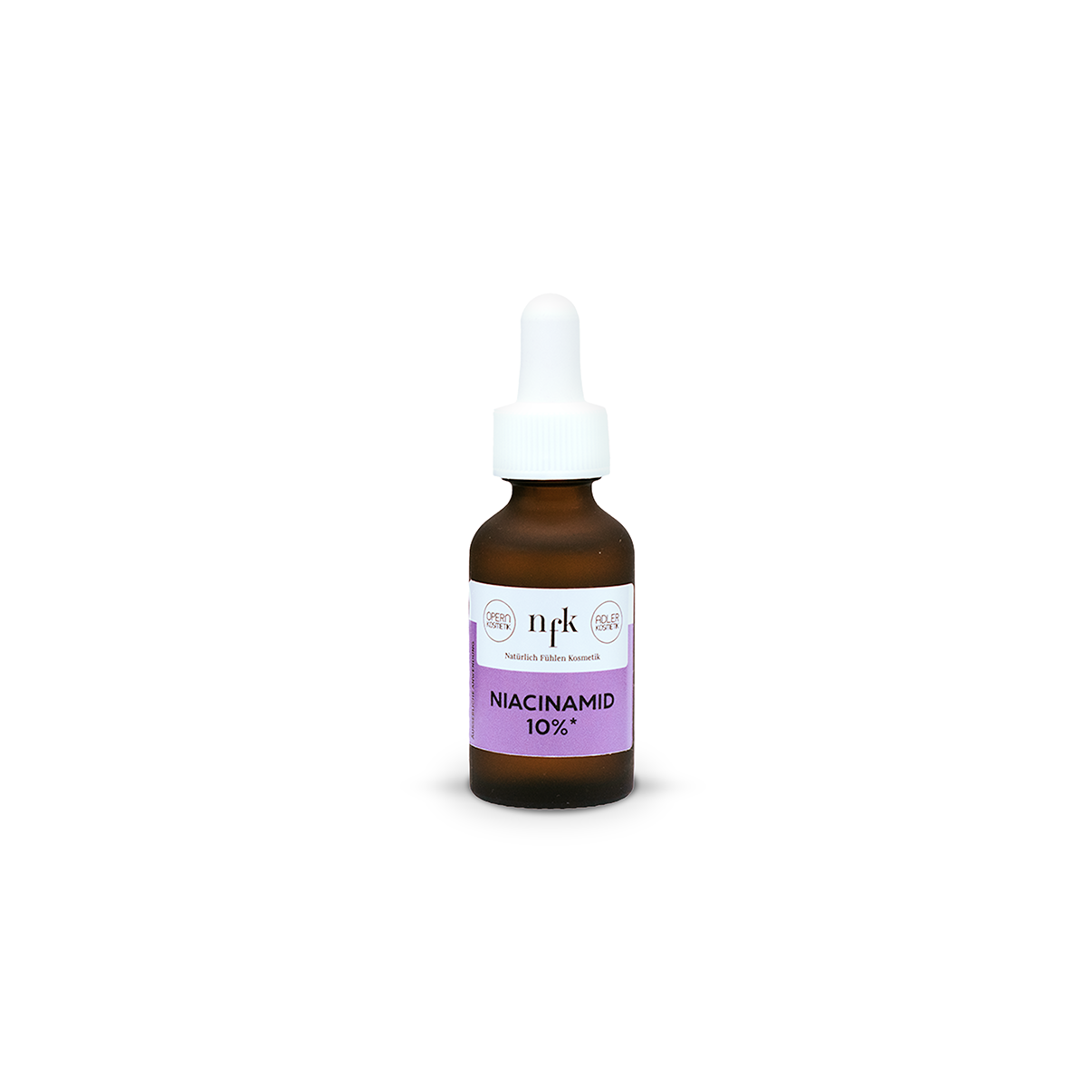 NFK Niacinamid 10% Konzentrat als Serum in einer braunen Glasflasche (20 ml), mit Tropferpipette und Etikett in weißer und lila Farbe, vor weißem Hintergrund.