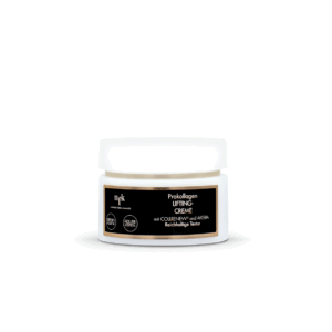 NFK Prokollagen Gesichts- & Halscreme als weiße Creme in einem runden Glas-Tiegel (50 ml), mit weißem Deckel und Etikett in schwarzer und goldener Farbe, vor weißem Hintergrund.