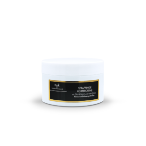 Weißes rundes Creme-dose (250 ml) mit gold-schwarzem Etikett, Produktname „NFK Straffende Körpercreme“, auf weißem Hintergrund.