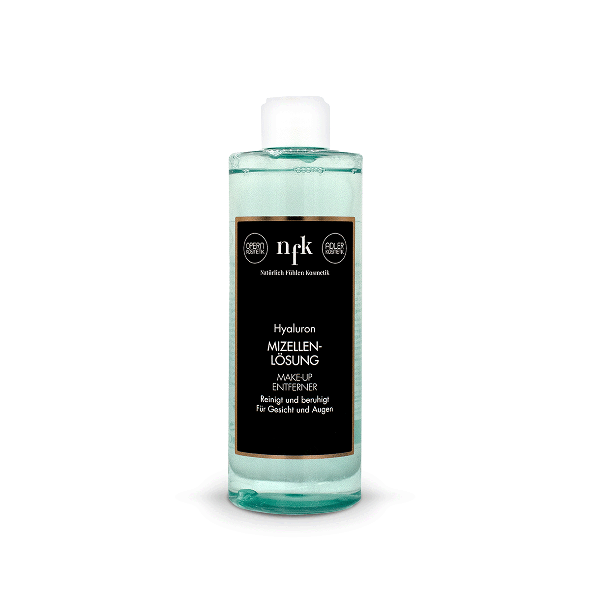 NFK Hyaluron Mizellenlösung Make-up Entferner in einer transparenten Flasche (400 ml), mit weißem Deckel, türkisfarbener Flüssigkeit und schwarzem Etikett, vor weißem Hintergrund.