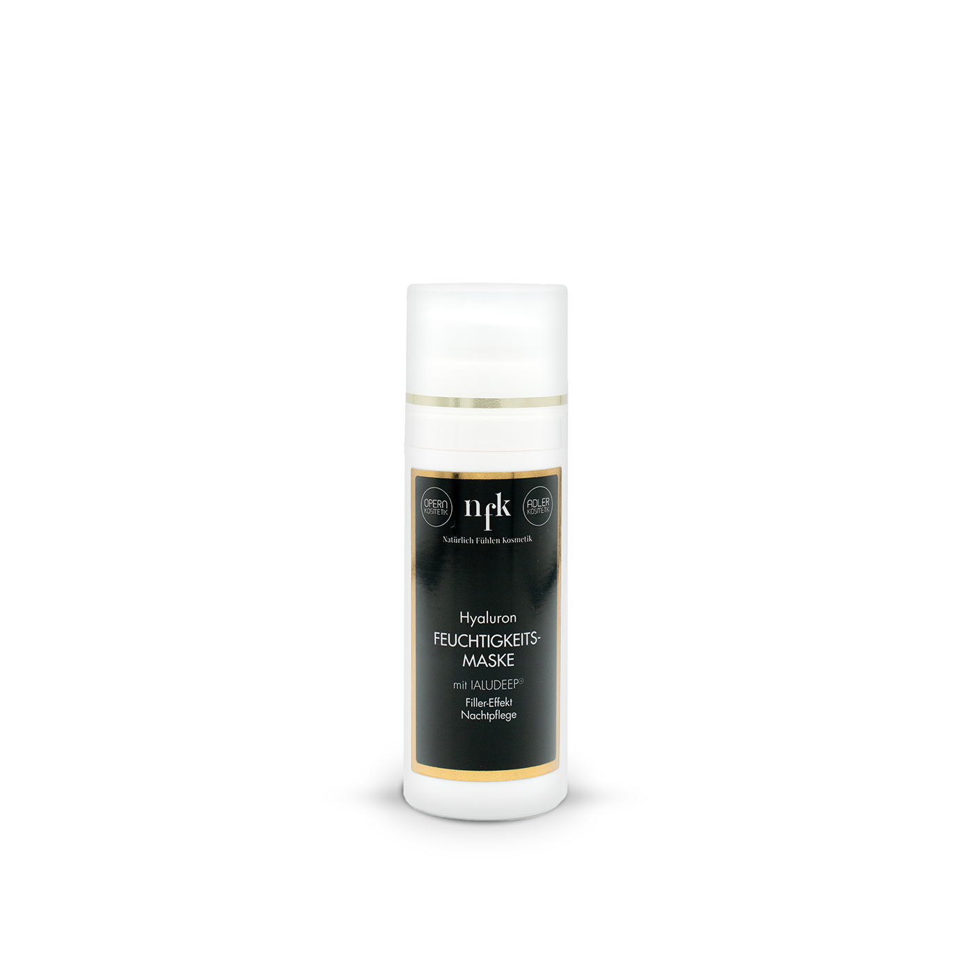 NFK Hyaluron Feuchtigkeitsmaske mit laluDeep® weißes Fläschchen (50ml) mit schwarzem Etikett und goldfarbenem Akzent vor weißem Hintergrund