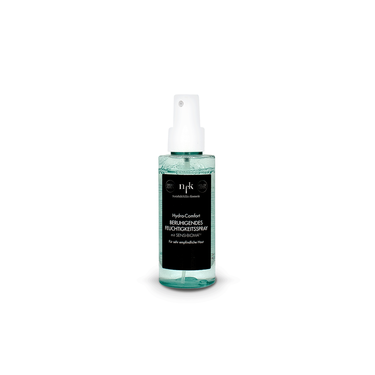 NFK Hydra-Comfort beruhigendes Feuchtigkeitsspray in einer transparenten Flasche (100 ml), mit weißem Pumpsprühkopf und türkisfarbener Flüssigkeit, schwarzem Etikett, vor weißem Hintergrund.