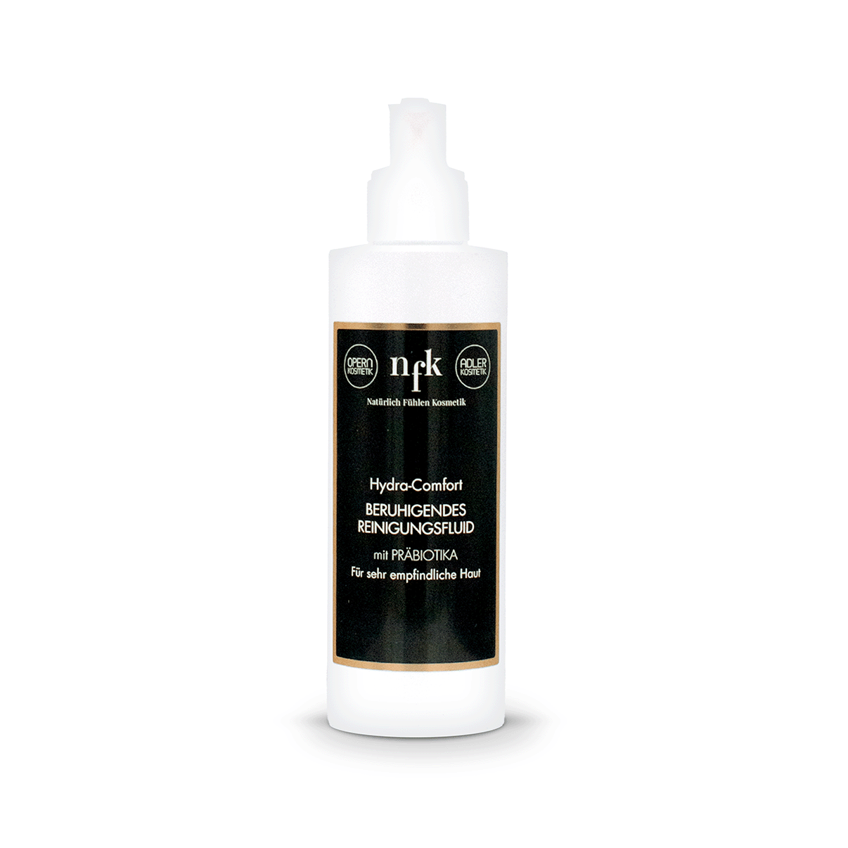 NFK Hydra-Comfort beruhigendes Reinigungsfluid in einer weißen Flasche (200 ml), mit weißem Pumpspender und schwarzem Etikett, vor weißem Hintergrund.