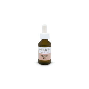 Braunes Tropffläschchen (20 ml) mit weißem Deckel und weißem Etikett mit Aufschrift „NFK Koffein 5 %“, vor weißem Hintergrund.