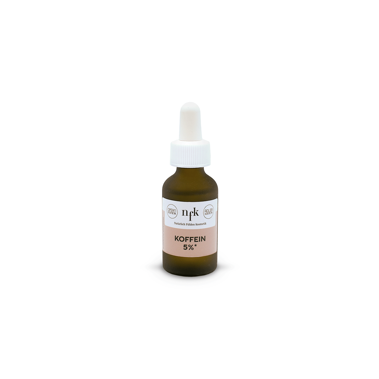 Braunes Tropffläschchen (20 ml) mit weißem Deckel und weißem Etikett mit Aufschrift „NFK Koffein 5 %“, vor weißem Hintergrund.