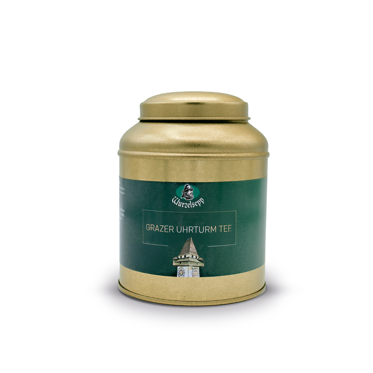 Runddose mit goldfarbenem Deckel und grüner Etikette, Produktname „Grazer Uhrturm Tee“, Gewicht 80 g, mit Abbildung des Grazer Uhrturms auf der Vorderseite.