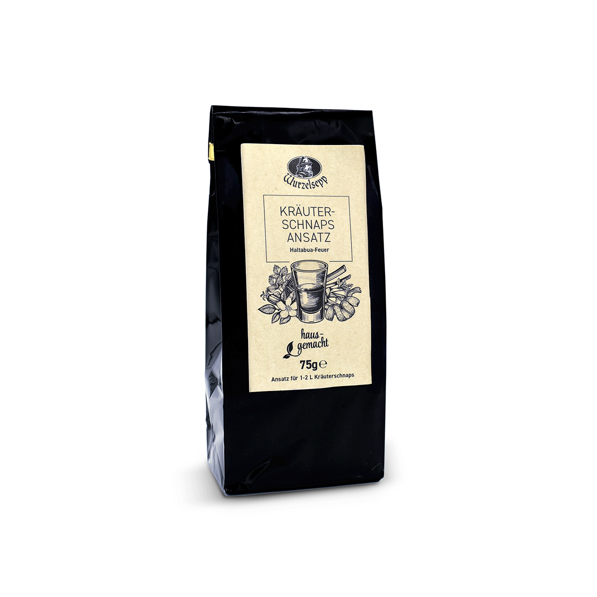 Kleine Packung „Wurzelsepp Kräuter-Schnaps-Ansatz“ „Haltabua-Feuer“ (75 g) in schwarzem Beutel mit beiger Etikette und schwarzem gezeichneten Kräuter- sowie Schnapsglasmotiv auf dem Etikett.